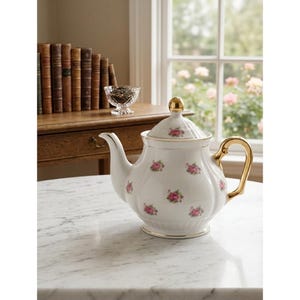 May include: A white porcelain teapot featuring a delicate pink rose floral pattern, a gold-trimmed handle, a gold-trimmed spout, and a gold-topped lid. The teapot has a rounded, ribbed body design with a pedestal base and gold accents throughout.