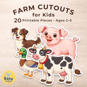 Pode incluir: Recortes coloridos de animais da quinta para crianças, incluindo um cão, um porco, um pato e uma vaca. A imagem apresenta o texto "FARM CUTOUTS for Kids" e "20 Printable Pieces • Ages 2-5". Um logotipo que diz "Easy to Cut" também está incluído.
