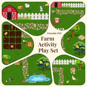 May include: A printable PDF farm activity play set featuring a red barn, white fencing, and farm animals. The set includes a pig, cow, sheep, and other farm elements such as a pond, trees, and garden plots. The text "Farm Activity Play Set" is displayed.