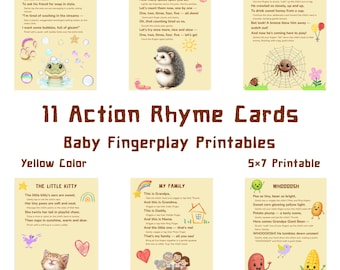Baby Action Rhyme Cards • Fingerplay Printables • 5×7 Yellow Nursery Art