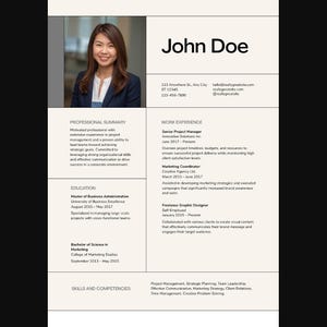 Puede incluir: Una plantilla de currículum vitae profesional con una foto de una mujer sonriente. El currículum incluye secciones para resumen profesional, educación, experiencia laboral y habilidades. El nombre "John Doe" está en la parte superior, con información de contacto.
