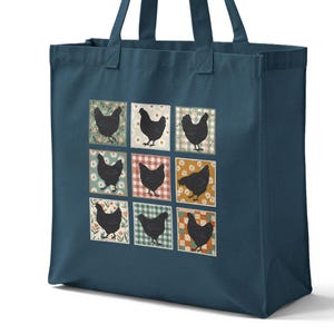 May include: A navy blue tote bag with a patchwork design of nine squares. Each square has a different patterned background and a black chicken silhouette. The bag has two navy blue handles.
