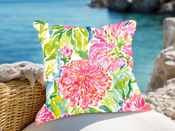 Bright Pink Floral Outdoor Pillow, Coastal Garden Patio Decor