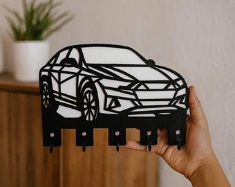 Modern Car Key Holder, Geometric Wood Auto Wall Art, 5 Hook Rack