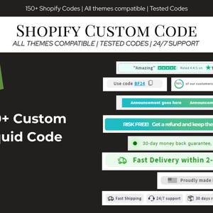 Könnte beinhalten: Grafik, die für Shopify-Custom-Code-Dienste wirbt. Das Bild zeigt ein Einkaufstaschensymbol mit dem Buchstaben "S" und dem Text "150+ Custom Liquid Code". Zusätzlicher Text enthält "Shopify Custom Code" und Servicegarantien.