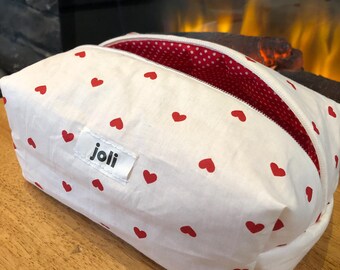 Bolsa de maquillaje minimalista blanca con diseño de corazón, bolsa de algodón para cosméticos, organizador de maquillaje estético, pequeña bolsa de maquillaje de viaje, regalo para ella.