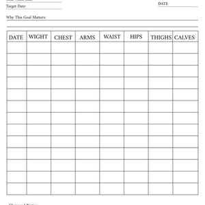 Peut inclure: Un tableau blanc de suivi des mensurations corporelles avec le texte "BODY MEASUREMENTS" et "Measure more than the scale." Le tableau comprend des sections pour le poids cible, le tour de taille, la date cible et un tableau pour enregistrer les mensurations.