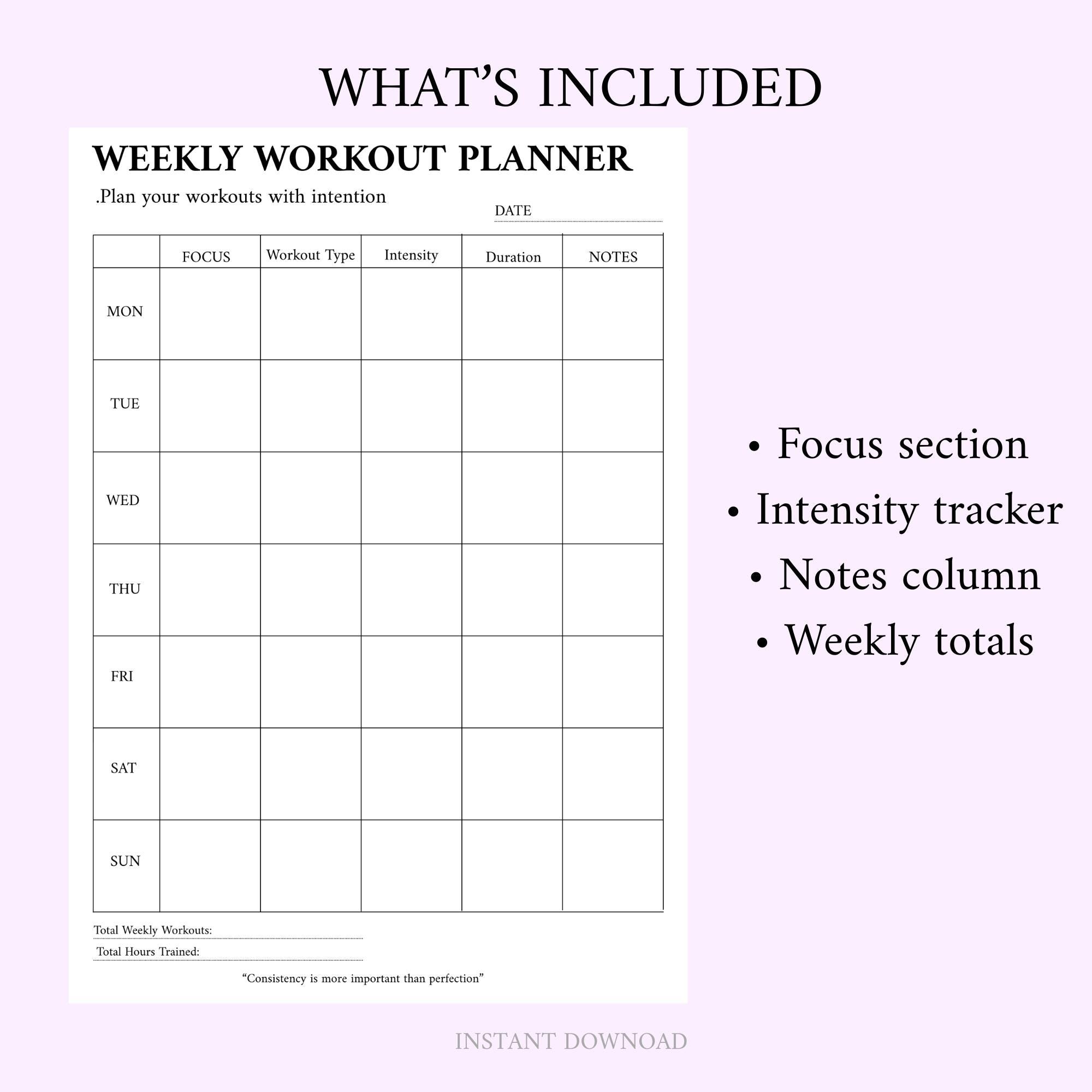Weekly Workout Planner Printable PDF, Fitness Planner With Focus ...