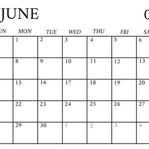 Puede incluir: Un calendario en blanco y negro para junio de 2026. La palabra "JUNIO" está en la parte superior, con el número "06" a la derecha. Los días de la semana se enumeran en la parte superior y las fechas están en los cuadros de abajo.