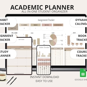 Può includere: Un modello digitale di pianificatore accademico visualizzato su schermi di laptop, tablet e smartphone. Include tracker delle abitudini, dei compiti, di studio, calendario dinamico, tracker dei libri e dei corsi. Testo: ACADEMIC PLANNER, ALL-IN-ONE STUDENT ORGANIZER, INSTANT DOWNLOAD, EASY TO USE, GOOGLE SHEETS.