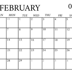 Peut inclure: Une page de calendrier simple en noir et blanc pour février 2028. Le nom du mois et le numéro 02 sont en haut, avec les jours de la semaine sur la rangée supérieure. La grille du calendrier est divisée en carrés pour chaque jour.