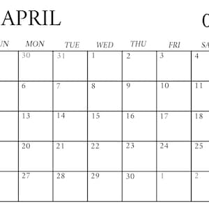 Peut inclure: Une page de calendrier blanche pour avril 2026. Le nom du mois et le numéro 04 sont en haut. Les jours de la semaine sont énumérés en haut, avec les dates remplissant la grille ci-dessous. L'année 2026 est imprimée verticalement à gauche.