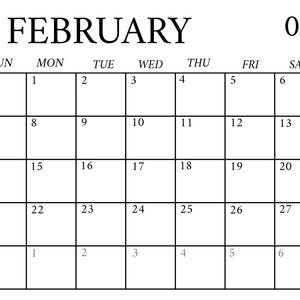 May include: A black and white calendar page for February 2027. The month's name is at the top, with the number 02 to the right. The days of the week are listed above the grid, with dates filling the boxes. The year 2027 is in the upper left corner.