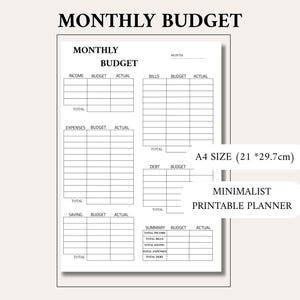 Peut inclure: Une feuille de budget mensuel blanche avec du texte et des lignes de grille noirs. Le document comprend des sections pour les revenus, les factures, les dépenses, l'épargne, la dette et un résumé. Il est marqué A4 SIZE (21 * 29.7cm) et MINIMALIST PRINTABLE PLANNER.