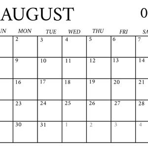 Puede incluir: Una página de calendario en blanco y negro para agosto de 2027. El mes se muestra en la parte superior, con el número 08 a la derecha. Los días de la semana se enumeran en la parte superior y las fechas están en una cuadrícula.