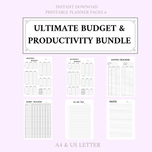 Peut inclure: Un ensemble de planificateur imprimable numérique avec des pages pour la budgétisation, l'épargne et la productivité. Les pages comprennent des sections pour les budgets mensuels et bimensuels, un suivi des économies, un suivi des habitudes, une liste de tâches et une section de notes.