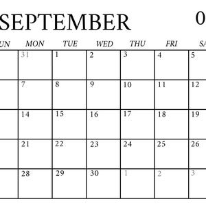 Peut inclure: Une page de calendrier blanche pour septembre 2026. Le mot "SEPTEMBRE" est en haut, avec le numéro "09" à droite. Les jours de la semaine sont listés en haut, et les dates sont dans la grille.
