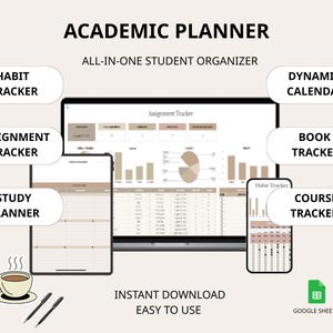 Peut inclure: Un modèle numérique de planificateur académique pour Google Sheets affiché sur un ordinateur portable, une tablette et un smartphone. Il comprend un suivi des habitudes, des devoirs, des cours, un calendrier dynamique et des graphiques.