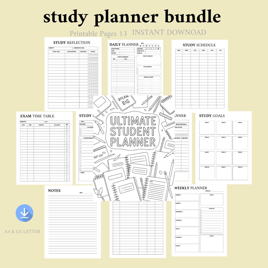Study Planner Bundle Printable, Student Planner PDF, Daily Weekly Study ...