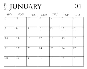January 2029 Minimalist Calendar Printable | Black & White Monthly Planner | Instant Download