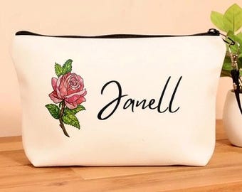 Personalized Rose Makeup Bag, Custom Name Cosmetic Bag, Floral Zipper Pouch, Bridesmaid Gift, Birth Flower Travel Bag for Her
