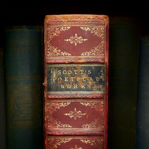 Antique, leather poetry book, Poetical Works of Sir Walter Scott, Victorian edition.