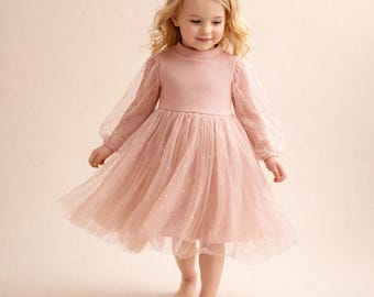 Girls Tulle Dress with Sheer Sleeves | A-Line Party Dress | Long Sleeve Lace Dress