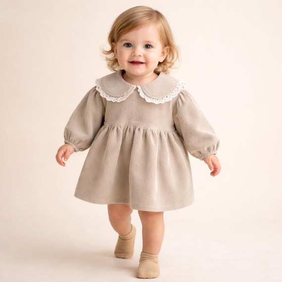 beige toddler dress long sleeve Floral Beige Long Sleeve Aster Bow Twirl Bodysuit Dress