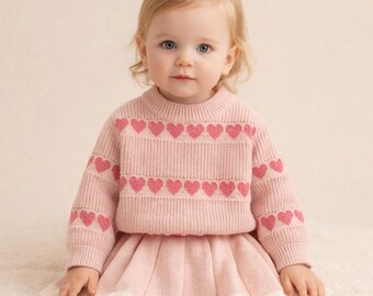 Conjunto de suéter de punto para niña pequeña / Estampado de corazones y falda plisada