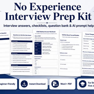 Può includere: Un kit digitale di preparazione ai colloqui composto da cinque pagine di documenti bianchi con testo blu scuro. I titoli includono No Experience Interview Prep Kit, Company Research Checklist, Questions to Ask the Interviewer, STAR Method Answer Workbook, Tell Me About Yourself Builder e Career Changer Interview Answers.