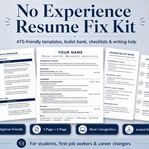 Kit para corregir currículums sin experiencia, plantilla de currículum para ATS, currículum para principiantes, carta de presentación, banco de viñetas, kit de búsqueda de empleo para quienes cambian de carrera.