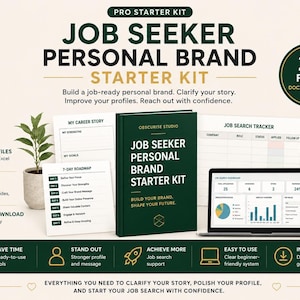 May include: A digital job seeker personal brand starter kit featuring a dark green book, a laptop displaying a dashboard, and various printable documents. The text includes 'JOB SEEKER PERSONAL BRAND STARTER KIT', '20 FILES', and '7-DAY ROADMAP'.
