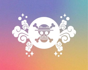 Può includere: Grafica bianca di un teschio con ossa incrociate con un cappello di paglia, all'interno di un cerchio bianco, circondato da nuvole e stelle stilizzate. Lo sfondo è un gradiente di viola, blu, arancione e giallo.