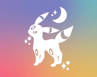 Può includere: Illustrazione bianca di una creatura stilizzata con grandi orecchie, una luna crescente e stelle su uno sfondo sfumato di viola, blu, arancione e giallo. La creatura ha segni ovali ed è in posizione di camminata.
