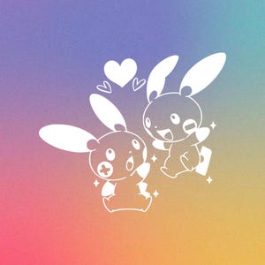 May include: White cartoon illustration of two bunny-like creatures with large ears and hearts above them. One creature has a plus sign on its face. The background is a gradient of purple, blue, orange, and yellow.
