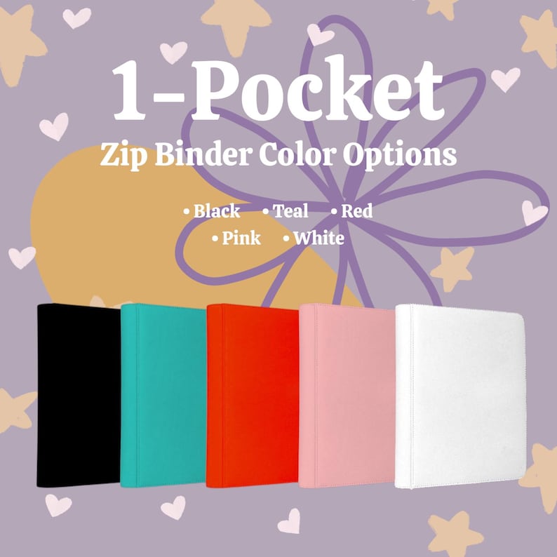 Pu&ograve; includere: Cinque raccoglitori con cerniera a una tasca disposti in fila, nei colori nero, verde acqua, rosso, rosa e bianco. Il testo in alto recita 1-Pocket Zip Binder Color Options, seguito da un elenco dei colori disponibili in bianco.