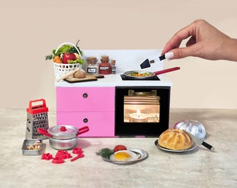 Roze echte mini-keukenset voor klein koken, dat werkt! – Schaal 1:6