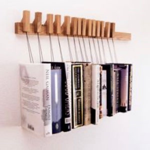 Book rack in Oak by AGUSTAV / Original design floating bookshelf / pins double as bookmarks / bookart / Hanging books / Unique book display. image 8