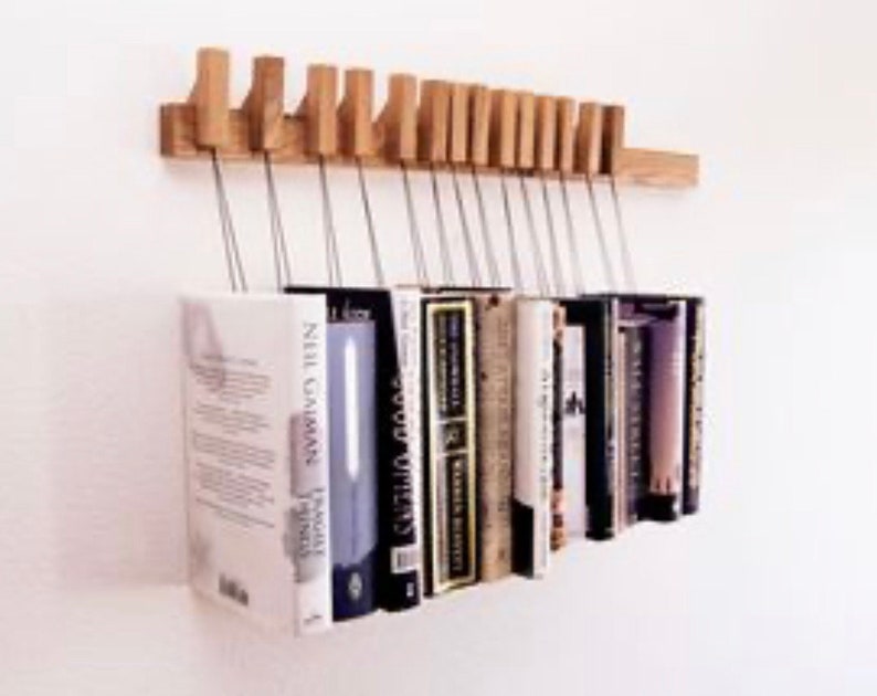 Book rack in Oak by AGUSTAV / Original design floating bookshelf / pins double as bookmarks / bookart / Hanging books / Unique book display. image 8