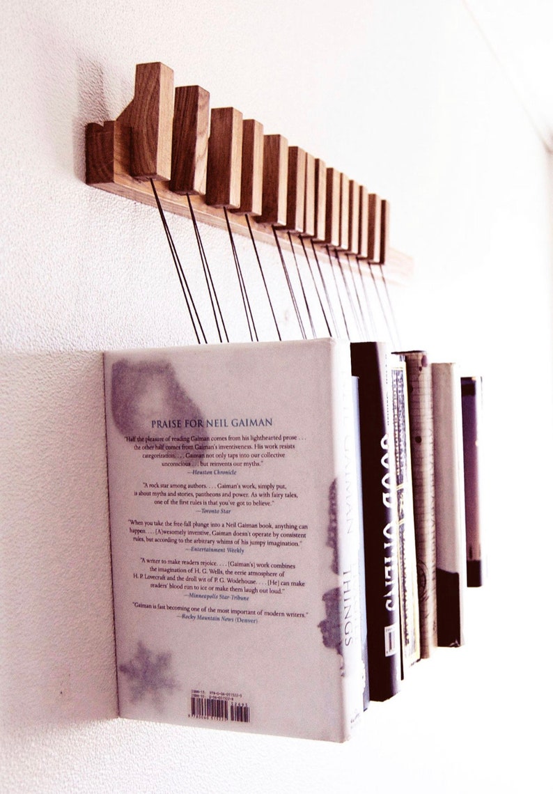 Book rack in Oak by AGUSTAV / Original design floating bookshelf / pins double as bookmarks / bookart / Hanging books / Unique book display. image 2