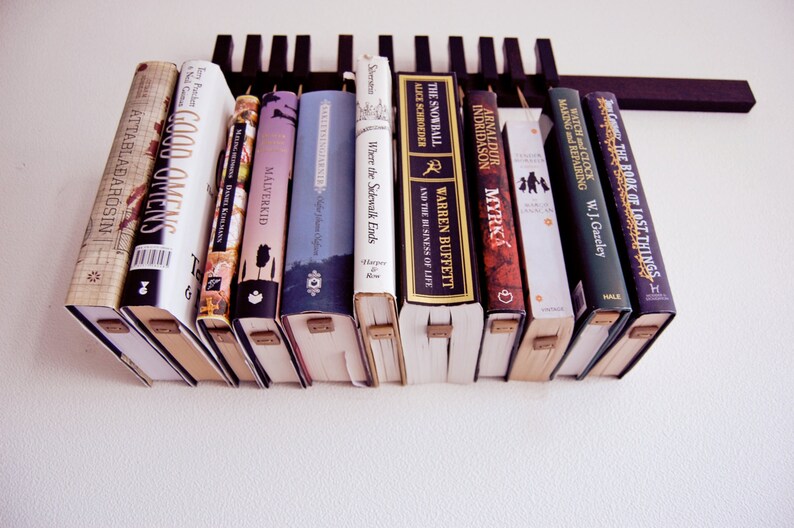 Book rack in fumed oak. Hanging bookshelf. Book hanger in dark wood. Pins work as bookmarks. Bookcasw. Floating bookshelf. Unique library. image 2