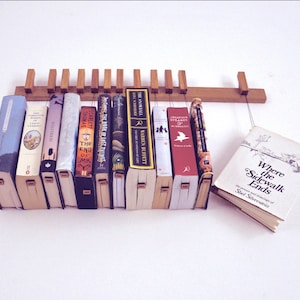 Book rack in Oak by AGUSTAV / Original design floating bookshelf / pins double as bookmarks / bookart / Hanging books / Unique book display. image 9