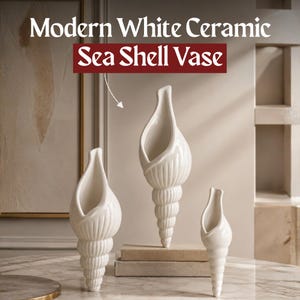 May include: Three white ceramic vases shaped like conch sea shells with ribbed textures. The text "Modern White Ceramic Sea Shell Vase" is displayed at the top. The vases vary in height and feature an open, elongated top opening for stems.