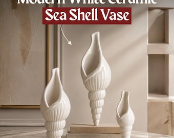 Vaso moderno a forma di conchiglia bianca, vaso in ceramica in stile costiero, decorazione per casa al mare, vaso da tavolo ispirato all'oceano.