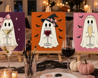 Kit per una serata di pittura a tema fantasmi di Halloween, dipingi e sorseggia un drink, download digitale