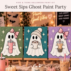 May include: Three canvases featuring cartoon ghosts: one green with a pink bow and tumbler, one teal with a beanie and cocoa, and one purple with a pink bow and boba tea. Text includes 'Sweet Sips Ghost Paint Party' and 'Paint Good Vibes'.