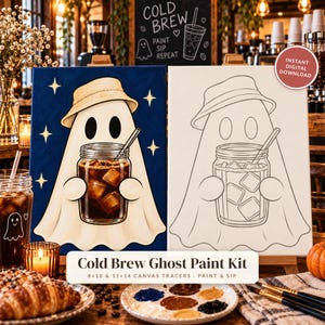 Zestaw do malowania duchów Cold Brew, wydruk do malowania i picia na Halloween, płócienny kalkomania z duchami kawy, jesień