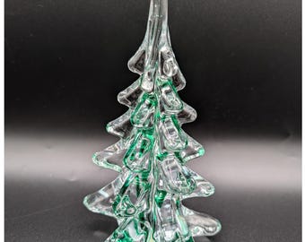 Vintage Hand Blown Glass Christmas Tree Clear Green Ribbon Swirl Taiwan 1980s