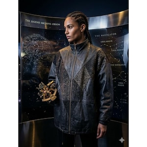 Puede incluir: Chaqueta de cuero negra con bordados dorados y cremallera. La chaqueta tiene cuello alto y un diseño geométrico en hombros y pecho. El texto "THE LEGEND ARCHIVE: ORION" es visible en el fondo.