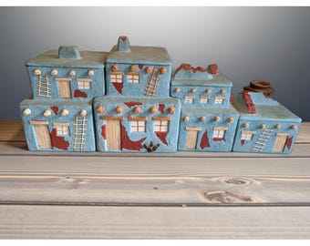 南西部プエブロ村の陶器製キャニスターセット 4点セット ブルー アドビスタイル装飾